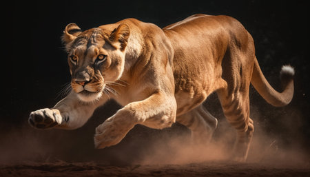 Majestic lioness walking in the savannah, displaying strength and alertness generated by artificial intelligenceの素材