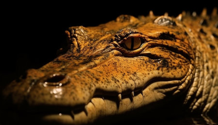 Aggressive crocodile snout, focused on prey in dark wet swamp generated by artificial intelligenceの素材
