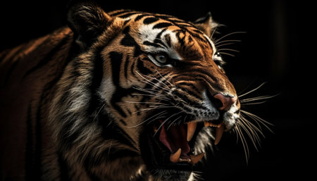 Majestic striped big cat staring fiercely, teeth bared in aggression generated by artificial intelligenceの素材