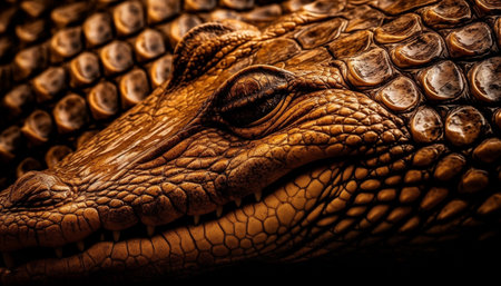Spotted crocodile eye, close up of dangerous reptile in nature generated by artificial intelligenceの素材