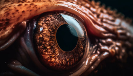 Animal eye staring, extreme close up, multi colored beauty in nature generated by artificial intelligenceの素材