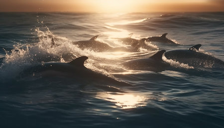 Silhouette of playful dolphin jumping in blue seascape spray generated by artificial intelligenceの素材