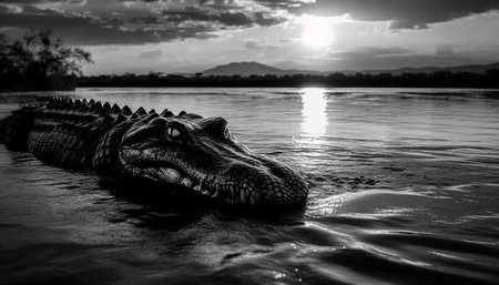 Large crocodile resting in dark swamp, teeth glistening in sunlight generated by artificial intelligenceの素材