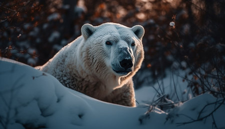 Arctic mammal with blue eyes walking in snowy wilderness at night generated by artificial intelligenceの素材