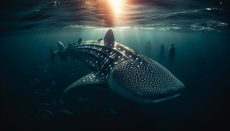 Majestic turtle swims in tropical seascape, surrounded by underwater animals generated by artificial intelligenceの素材