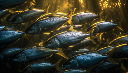 A large school of multi colored fish in a tropical reef generated by artificial intelligenceの素材