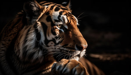 Bengal tiger staring at camera, majestic beauty in nature portrait generated by artificial intelligenceの素材