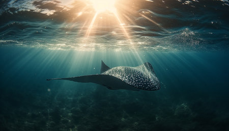 Deep below, majestic sea life in motion, free diving adventure generated by artificial intelligenceの素材