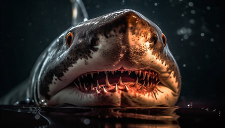 Furious crocodile swimming in dark, spooky underwater with sharp teeth generated by artificial intelligenceの素材