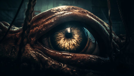 Spooky feline portrait close up of animal eye watching with fear generated by artificial intelligenceの素材