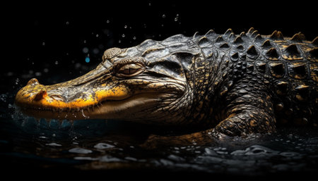 Aggressive crocodile in motion, teeth bared, in African swamp generated by artificial intelligenceの素材