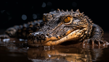 Large alligator with multi colored scales looking at camera in swamp generated by artificial intelligenceの素材