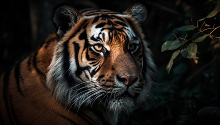 Beautiful Bengal tiger staring fiercely in the tropical rainforest generated by artificial intelligenceの素材