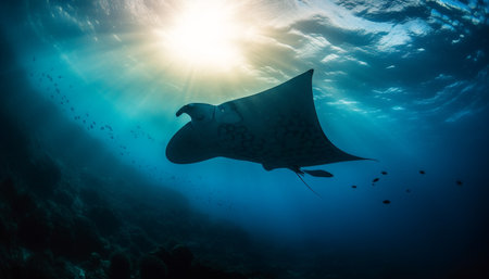 Majestic turtle silhouette swims below multi colored reef in tropical seascape generated by artificial intelligenceの素材