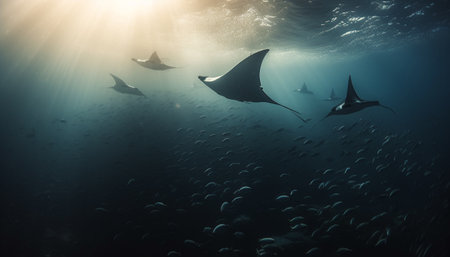 Majestic animals in the wild swim in awe inspiring seascape generated by artificial intelligenceの素材