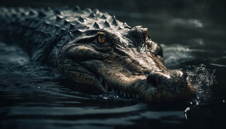 Crocodile resting in wet swamp, danger in close up animal teeth generated by artificial intelligenceの素材