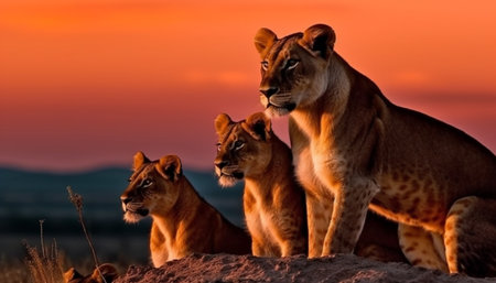 Majestic lion family sitting in the savannah at dusk generated by artificial intelligenceの素材
