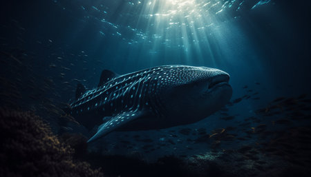 Deep blue sea life adventure swimming with endangered whale shark generated by artificial intelligenceの素材