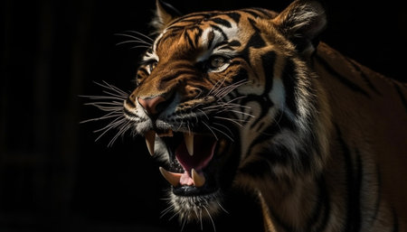 Majestic Bengal tiger staring fiercely with striped fur and aggression generated by artificial intelligenceの素材