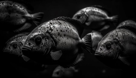 School of fish swimming in the deep, dark Caribbean waters generated by artificial intelligenceの素材