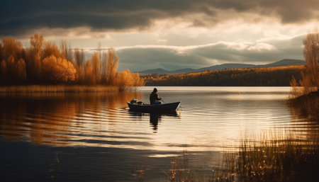 Sunset rowboat adventure tranquil water, serene forest, and fishing fun generated by artificial intelligenceの素材