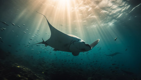 Majestic turtle swims below transparent blue water in tropical reef generated by artificial intelligenceの素材