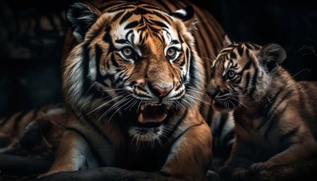 Close up portrait of majestic Bengal tiger staring with aggression generated by artificial intelligenceの素材