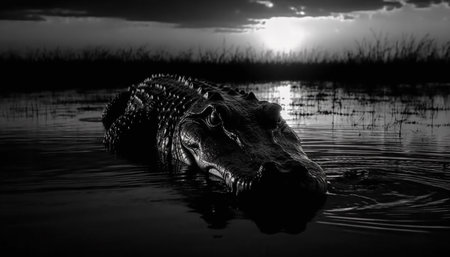 Crocodile resting in tranquil swamp, teeth bared in danger generated by artificial intelligenceの素材