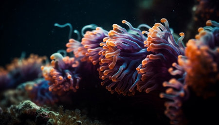 Colorful underwater world natural beauty, cnidarians, saltwater fish, and coral generated by artificial intelligenceの素材