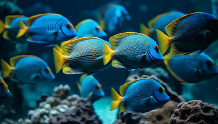 School of multi colored fish swim in natural underwater beauty generated by artificial intelligenceの素材