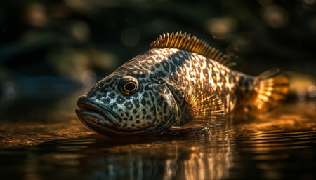 One animal swimming in freshwater pond with multi colored tail generated by artificial intelligenceの素材
