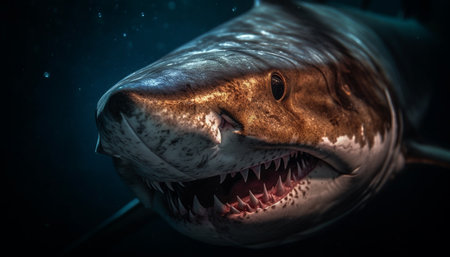 Spooky underwater portrait of a large, sharp-toothed saltwater fish generated by artificial intelligenceの素材