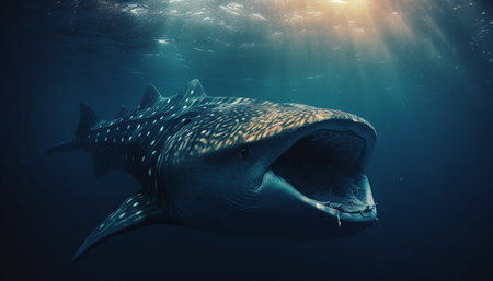 Majestic underwater animal swimming in deep blue sea with teeth generated by artificial intelligenceの素材