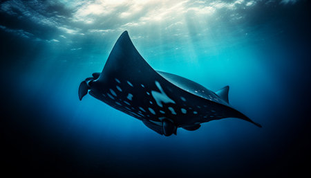Majestic manta ray swimming in deep blue underwater mystery generated by artificial intelligenceの素材