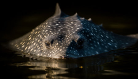 Spotted turtle swimming in blue water, looking at camera generated by artificial intelligenceの素材