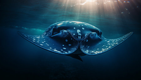 Majestic giant manta ray swimming in deep blue underwater generated by artificial intelligenceの素材