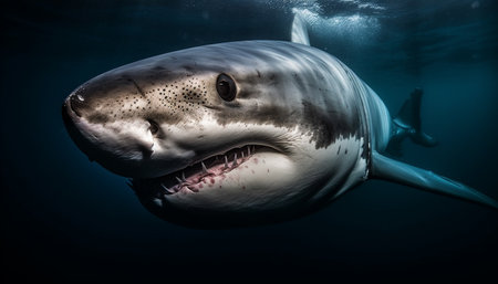 Majestic underwater mammal with sharp teeth and giant fin swimming close up generated by artificial intelligenceの素材
