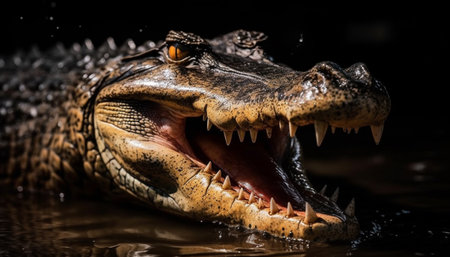 Large crocodile open mouth threatens danger in the swamp generated by artificial intelligenceの素材