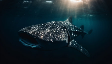 One majestic whale shark swimming in the tranquil blue sea generated by artificial intelligenceの素材