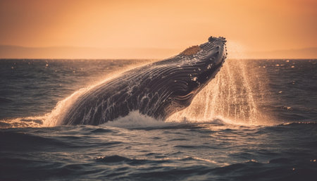 Sunset over the coastline, humpback whale breaching in the spray generated by artificial intelligence