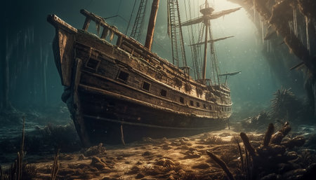 Old nautical vessel, shipwrecked on abandoned coastline, a rusty mystery generated by artificial intelligenceの素材
