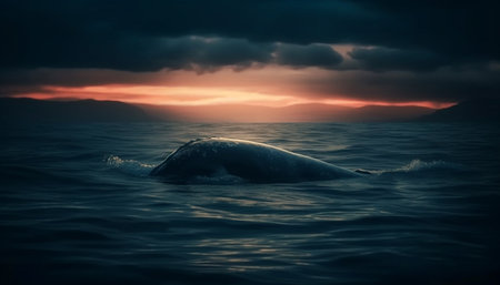 Majestic humpback whale swimming in tranquil seascape at sunset generated by artificial intelligenceの素材