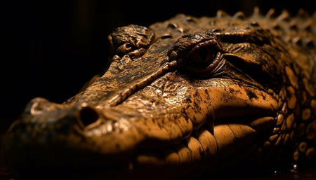 Furious crocodile spooky portrait, selective focus on dangerous animal teeth generated by artificial intelligenceの素材