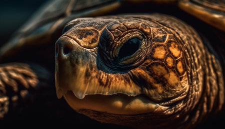 Slow turtle swims in tropical reef, looking old generated by artificial intelligenceの素材