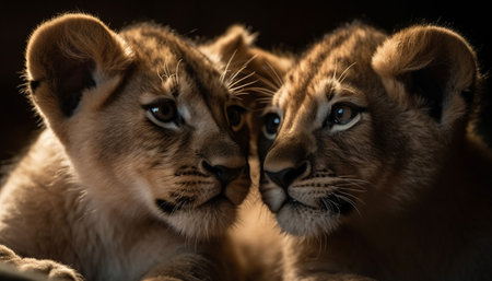 Young lion cub staring at camera, playful and cute generated by artificial intelligenceの素材