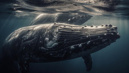 Monochrome sea life levitation giant turtle and majestic dolphin below generated by artificial intelligenceの素材