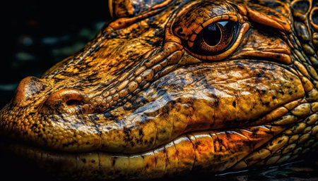 Green eyed crocodile in tropical rainforest, danger lurking in water generated by artificial intelligenceの素材