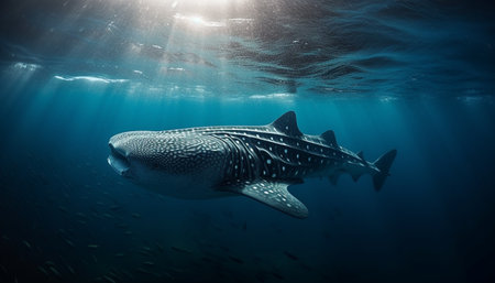 Majestic whale shark and manta ray in multi colored seascape generated by artificial intelligenceの素材
