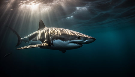Majestic giant fish swimming in deep blue saltwater, teeth bared generated by artificial intelligenceの素材