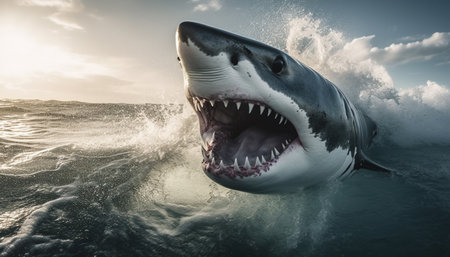 Majestic giant underwater dinosaur swimming with animal teeth exposed generated by artificial intelligenceの素材